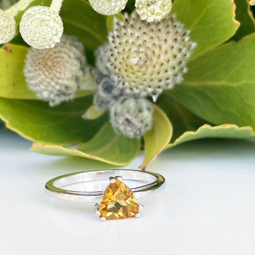 Silver Solitaire Citrine Trilliant Cut Ring