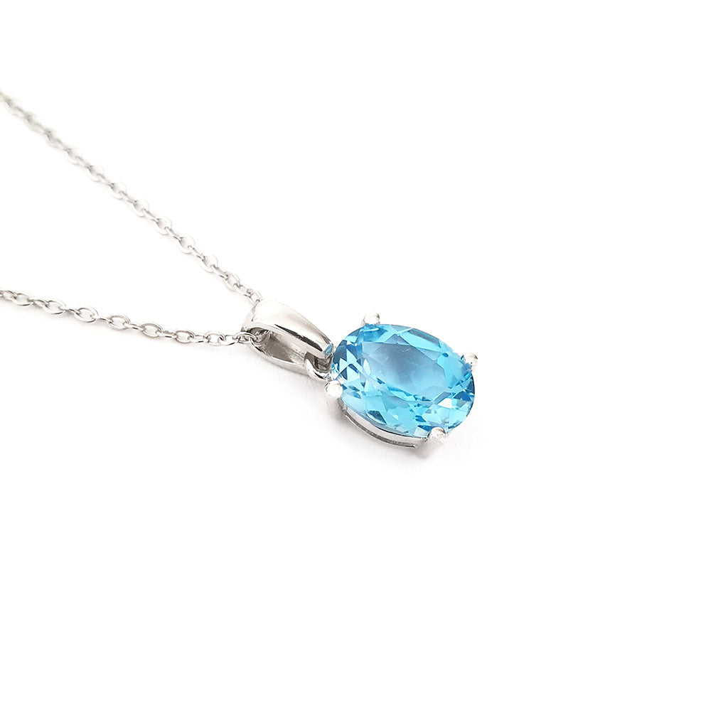 Silver Solitaire Oval Cut Pendant - Blue Topaz