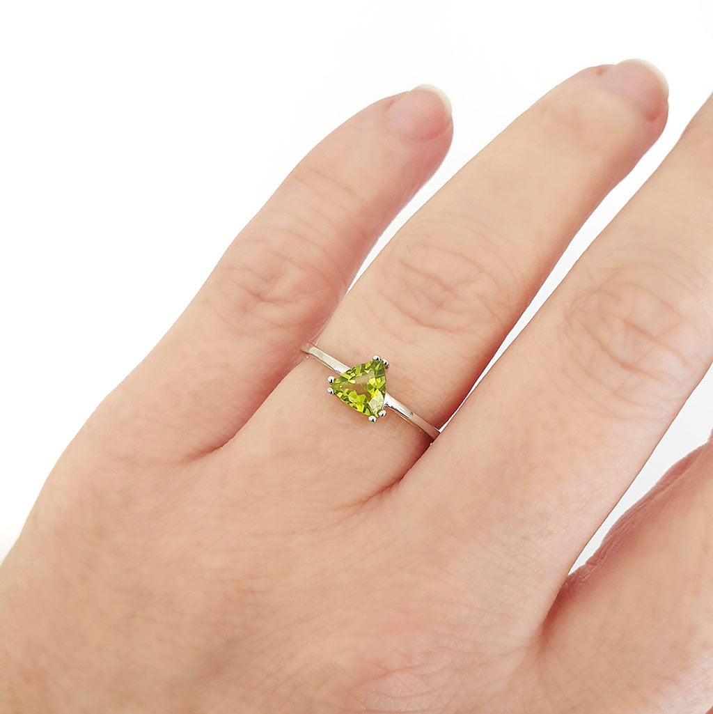 Silver Solitaire Peridot Trilliant Cut Ring