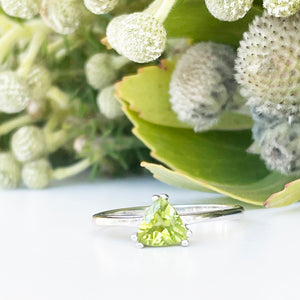 Silver Solitaire Peridot Trilliant Cut Ring