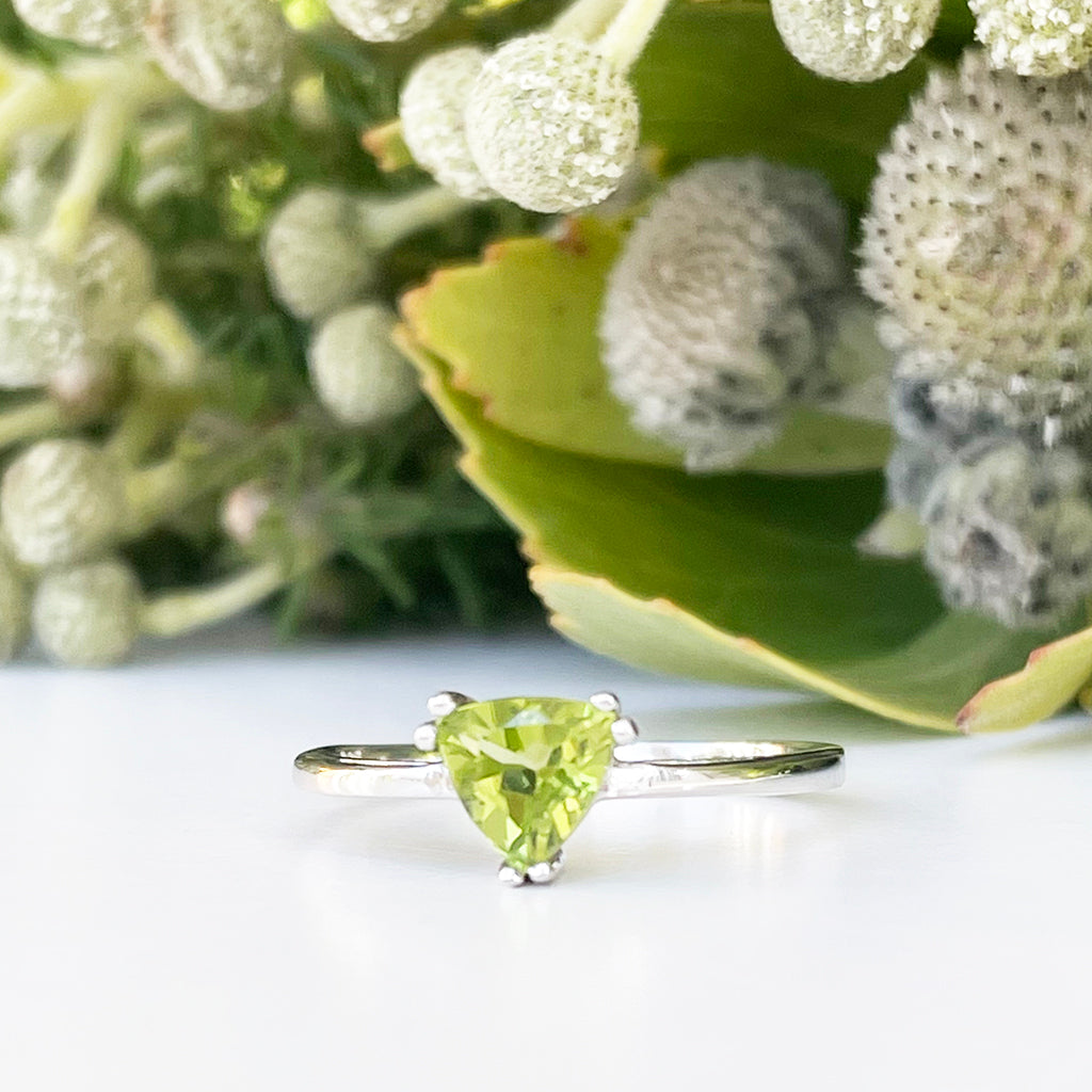 Silver Solitaire Peridot Trilliant Cut Ring