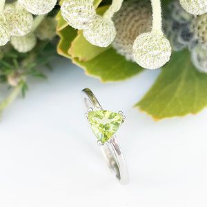 Silver Solitaire Peridot Trilliant Cut Ring