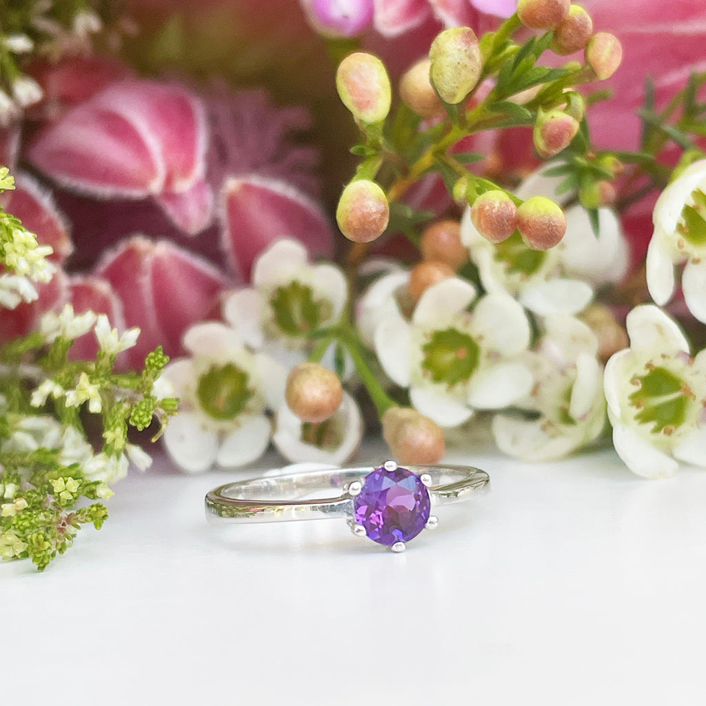 Silver Solitaire Six Claw Amethyst Ring