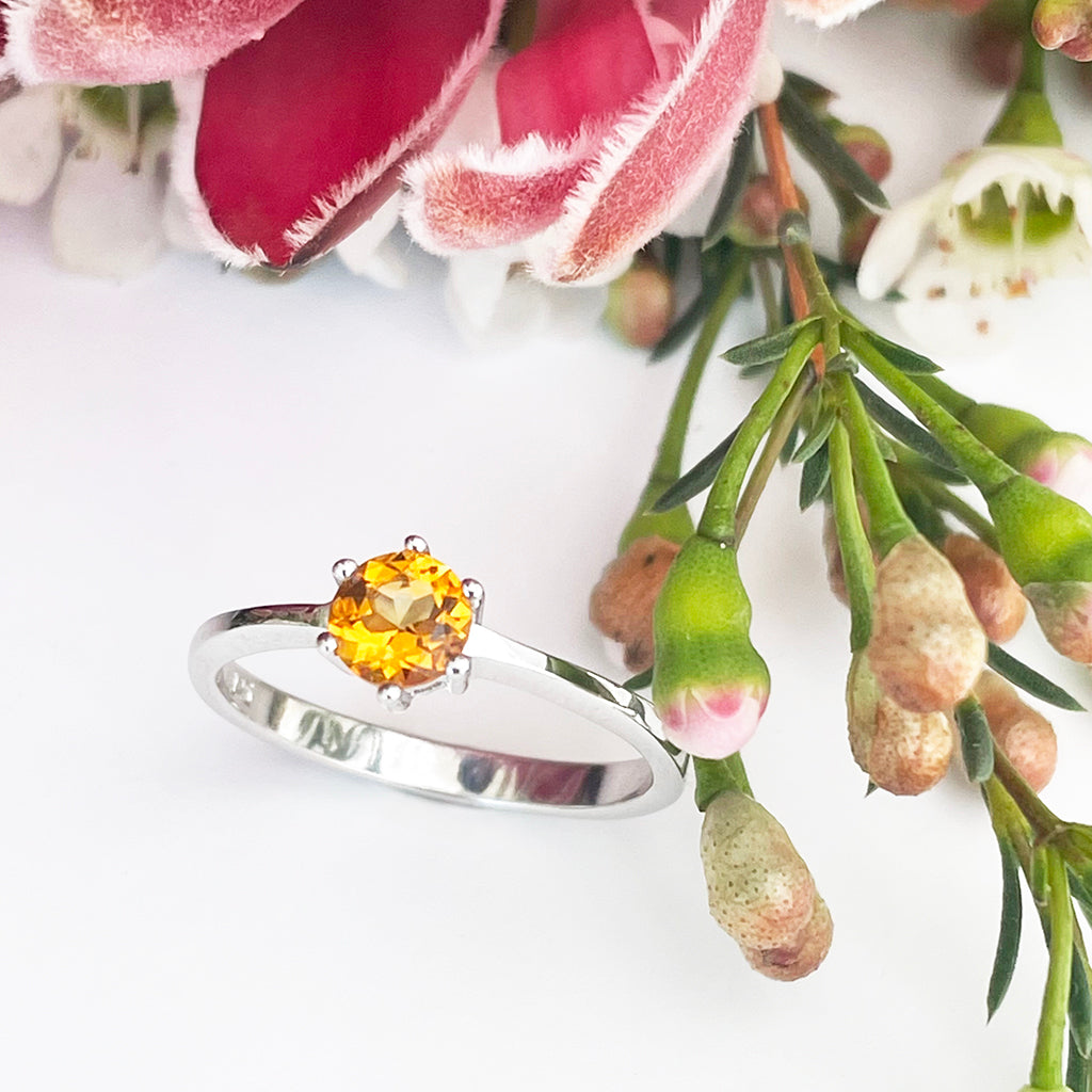 Silver Solitaire Six Claw Citrine Ring