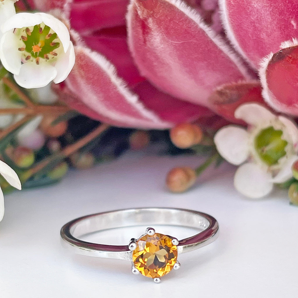 Silver Solitaire Six Claw Citrine Ring