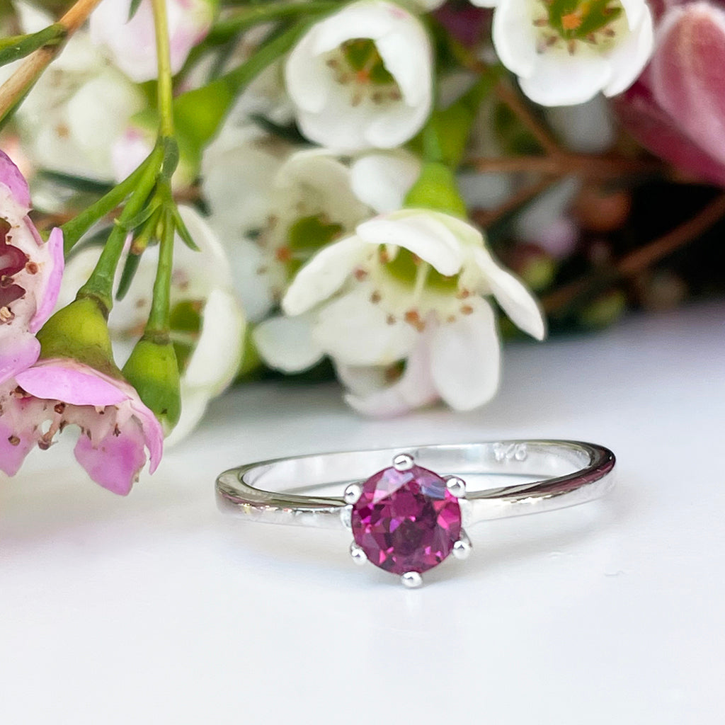 Silver Solitaire Six Claw Rhodolite Ring