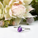 Silver Swish Pear Cut Amethyst Ring