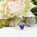 Silver Swish Pear Cut Amethyst Ring