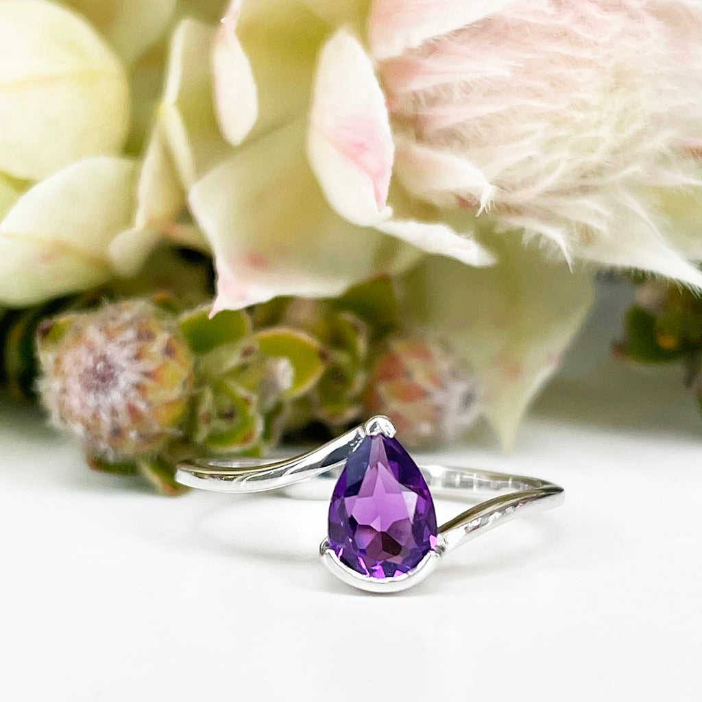 Silver Swish Pear Cut Amethyst Ring