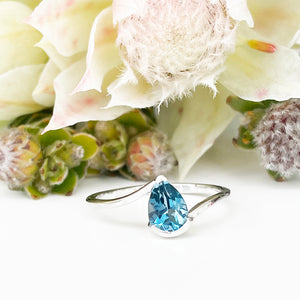 Silver Swish Pear Cut London Blue Topaz Ring