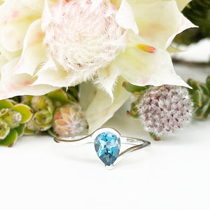 Silver Swish Pear Cut London Blue Topaz Ring