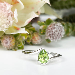 Silver Swish Pear Cut Peridot Ring
