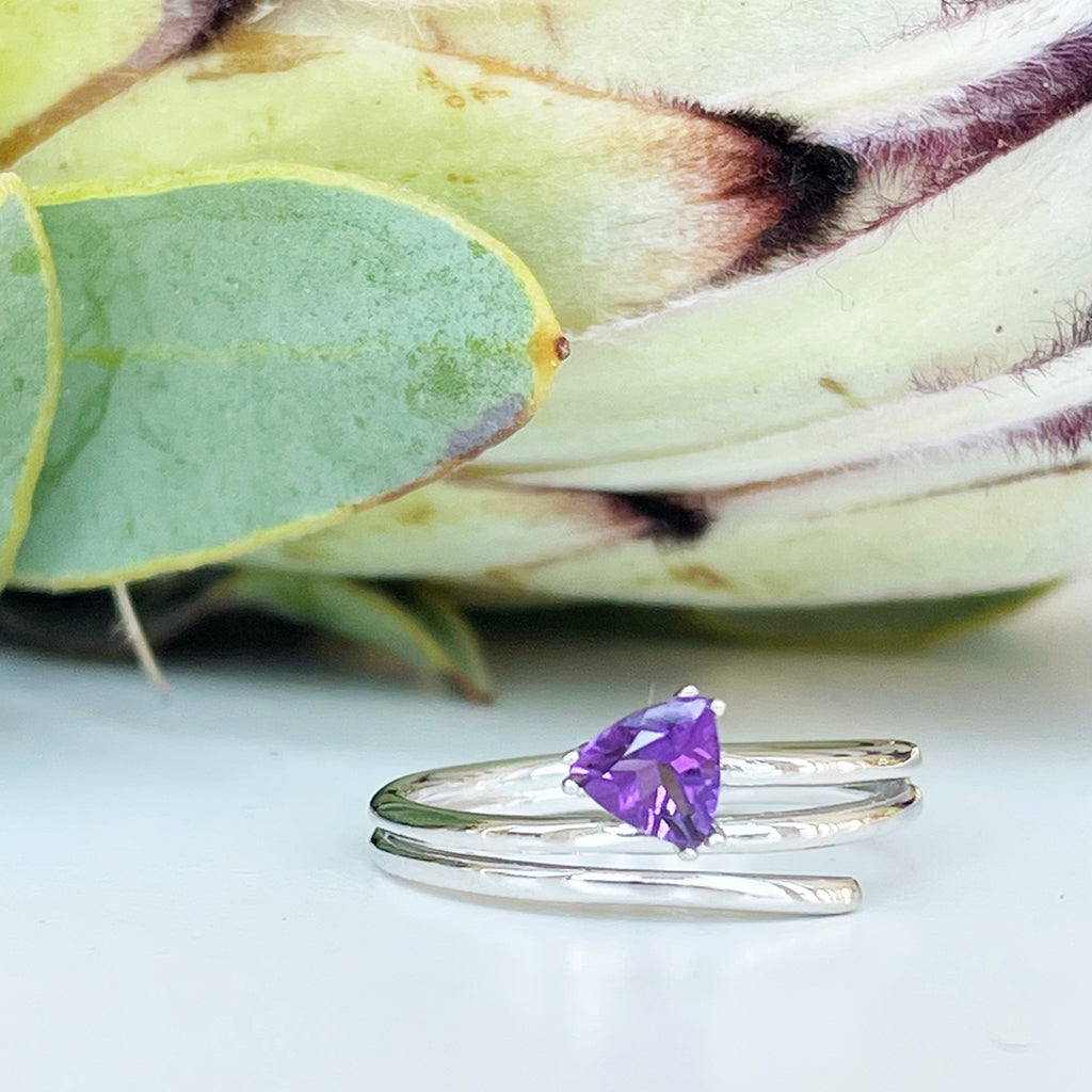 Trilliant Cut Amethyst Silver Wrap Around Ring