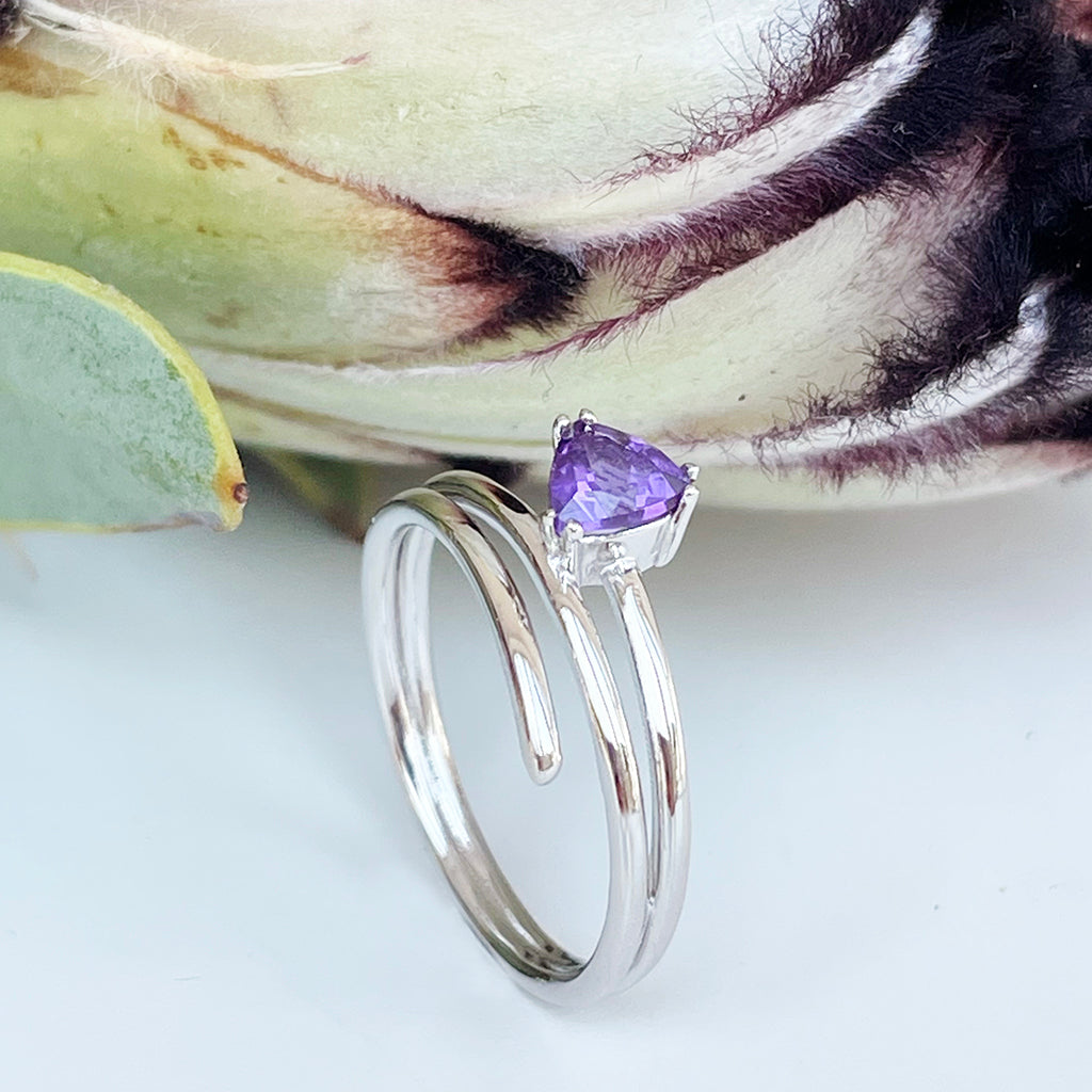 Trilliant Cut Amethyst Silver Wrap Around Ring