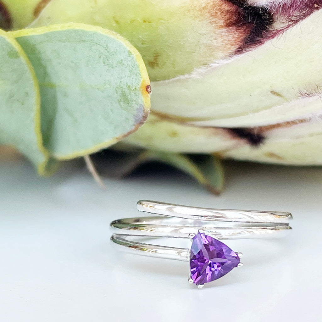 Trilliant Cut Amethyst Silver Wrap Around Ring