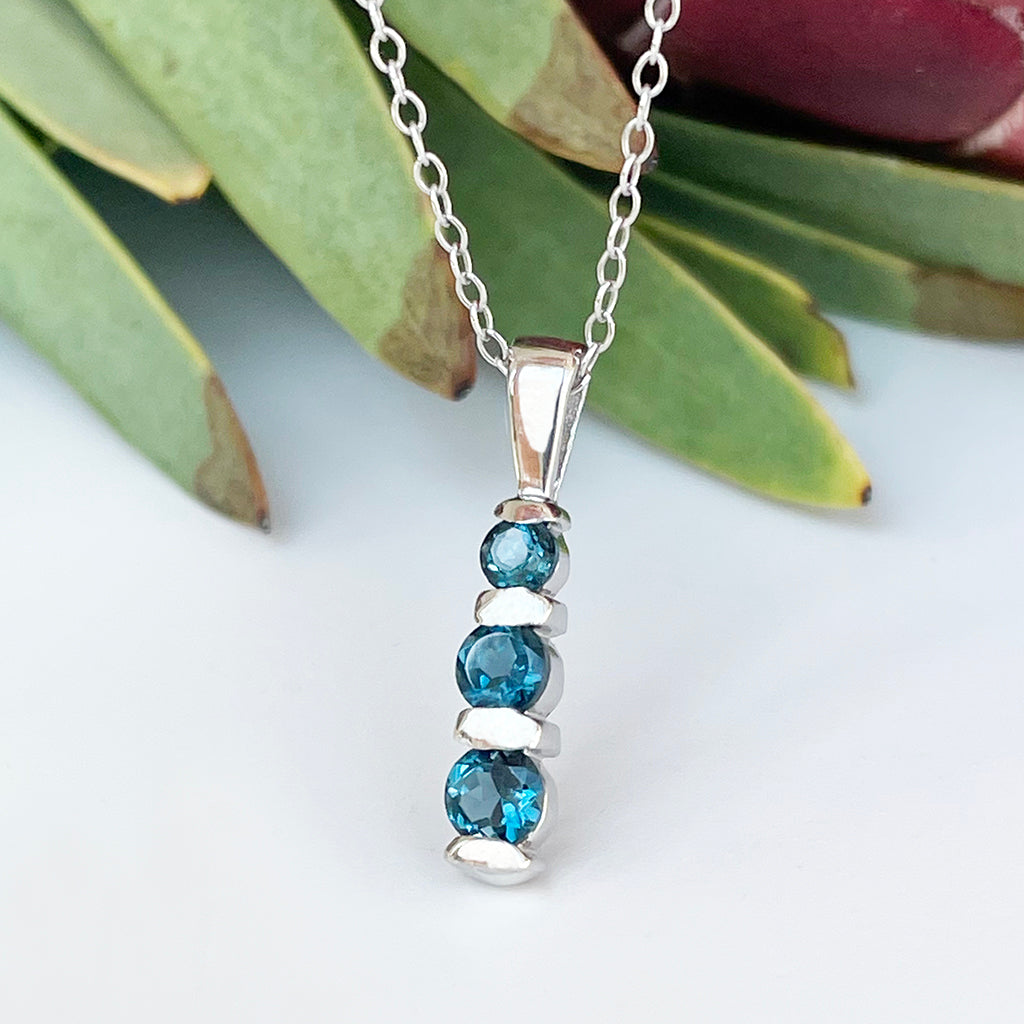 Silver Three Bar Pendant Set with London Blue Topaz