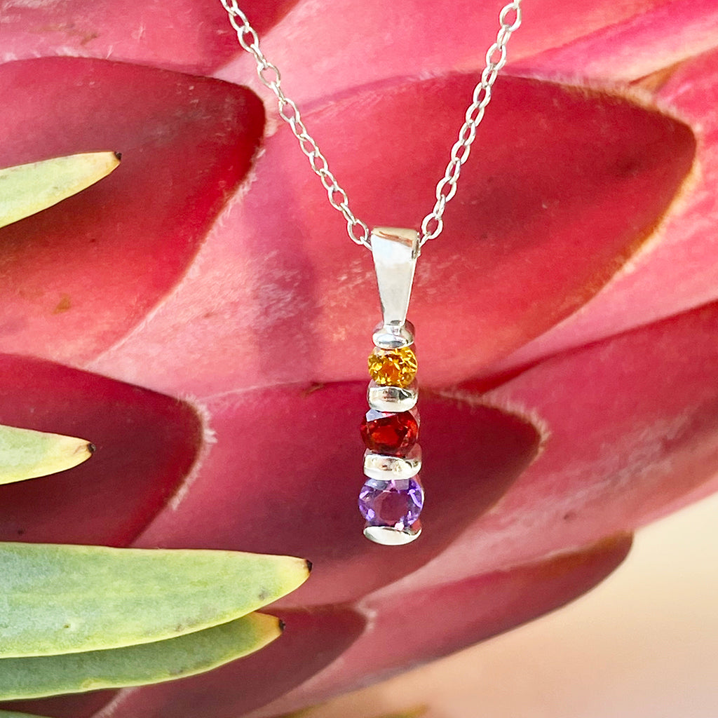 Silver Three Bar Pendant set with Amethyst, Garnet, Citrine