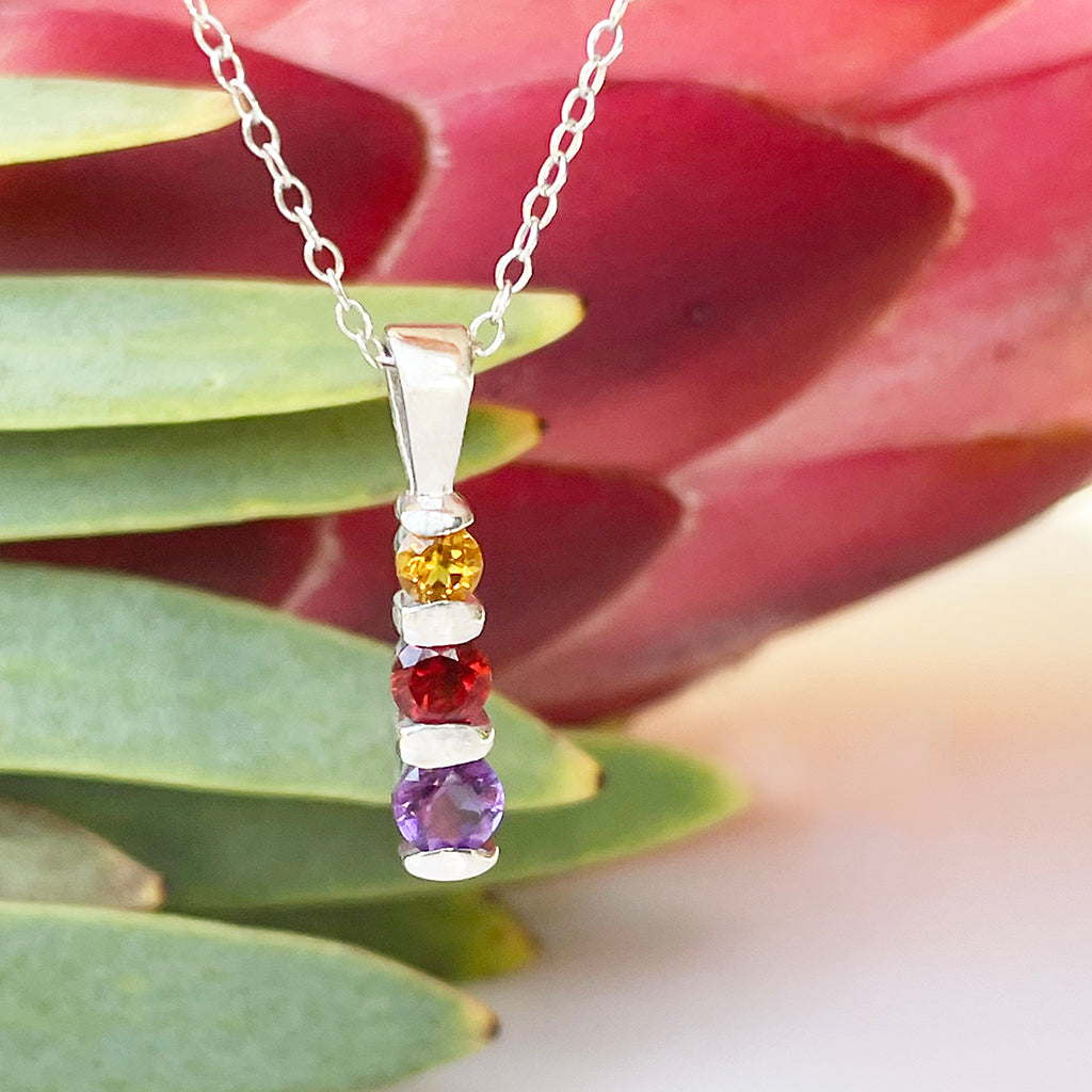 Silver Three Bar Pendant set with Amethyst, Garnet, Citrine