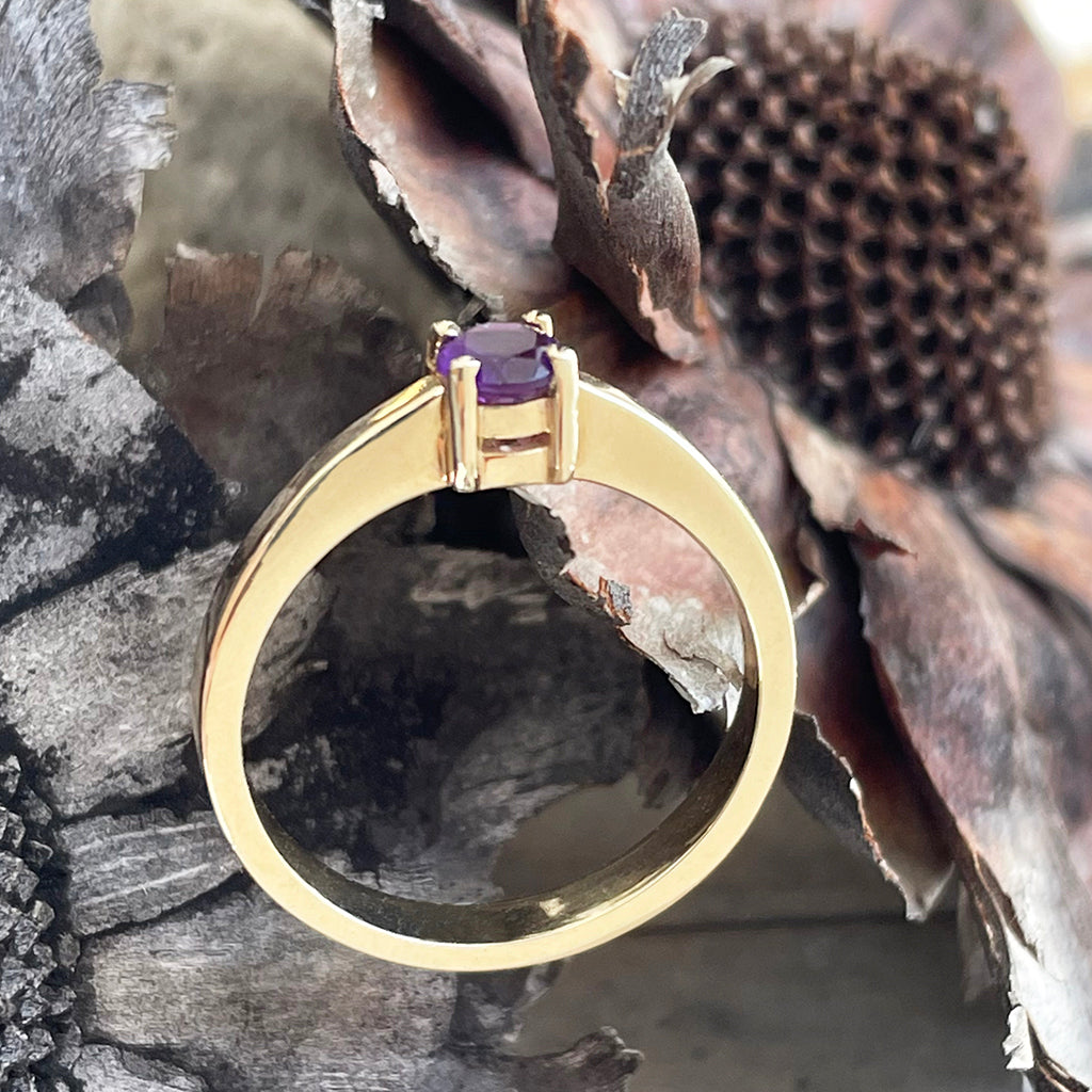 Simply Stylish Petite Yellow Gold Round Amethyst Solitaire Ring