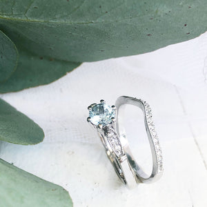Six Claw Aquamarine, Diamond Engagement Ring with Diamond Wedding Band