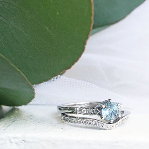 Six Claw Aquamarine, Diamond Engagement Ring with Diamond Wedding Band