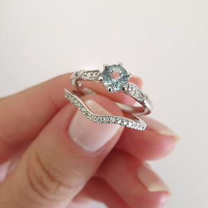 Six Claw Aquamarine, Diamond Engagement Ring with Diamond Wedding Band Set