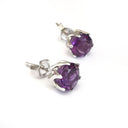 Six Claw Flower Design Amethyst Round Cut Studs