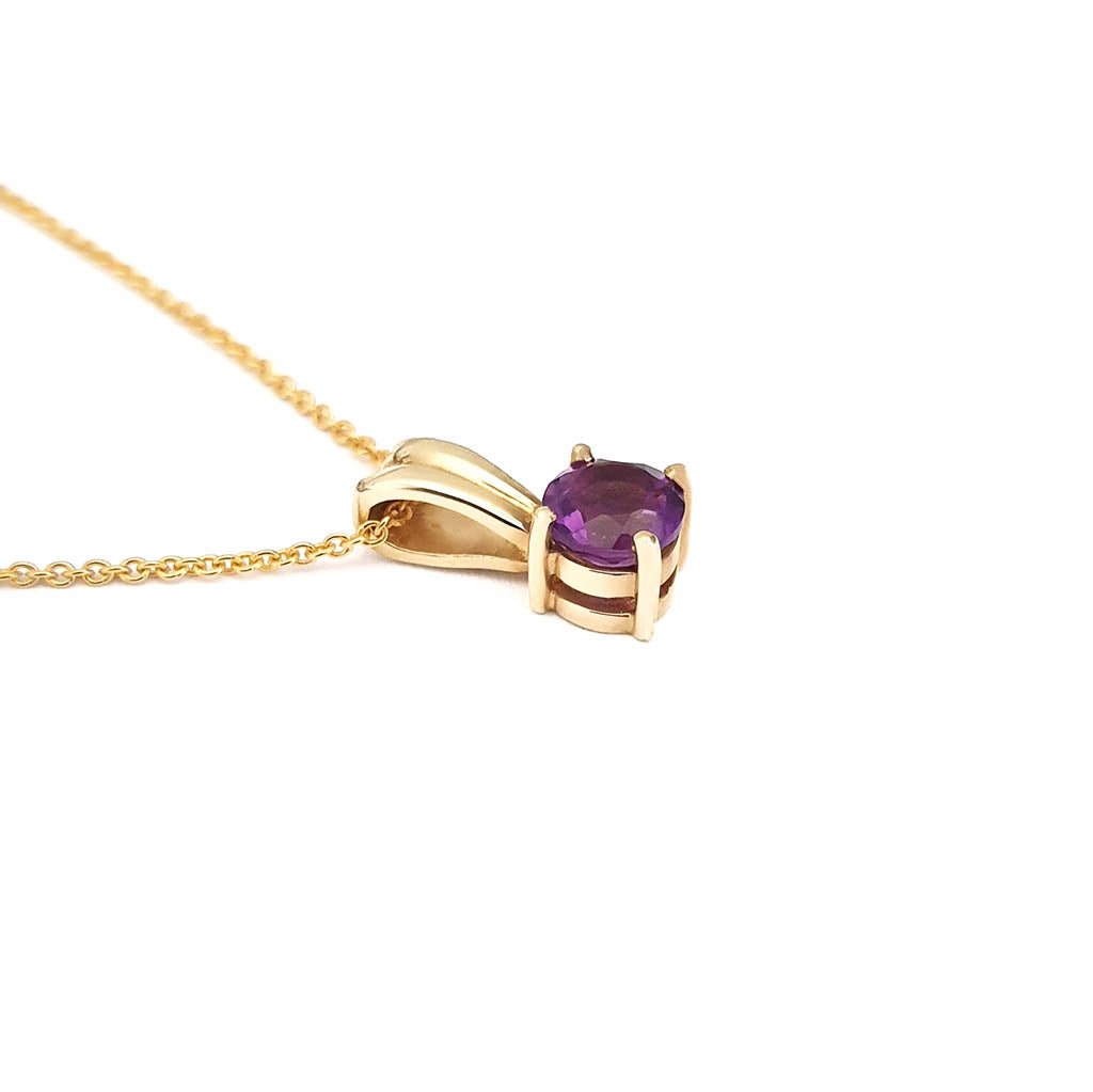 Solid Grooved Bale Round Amethyst Yellow Gold Pendant
