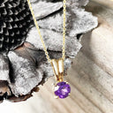 Solid Grooved Bale Round Amethyst Yellow Gold Pendant