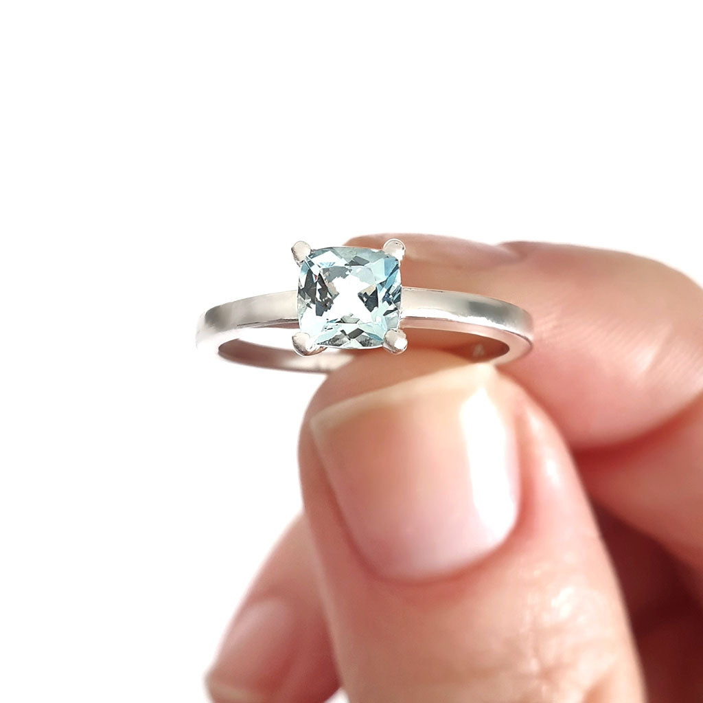 Solitaire Aquamarine Cushion Cut Four Claw Ring