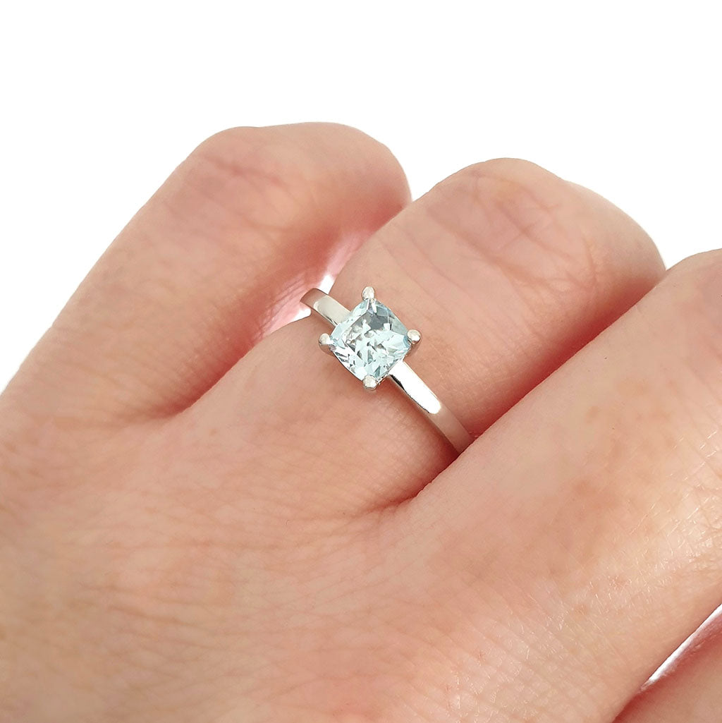 Solitaire Aquamarine Cushion Cut Four Claw Ring