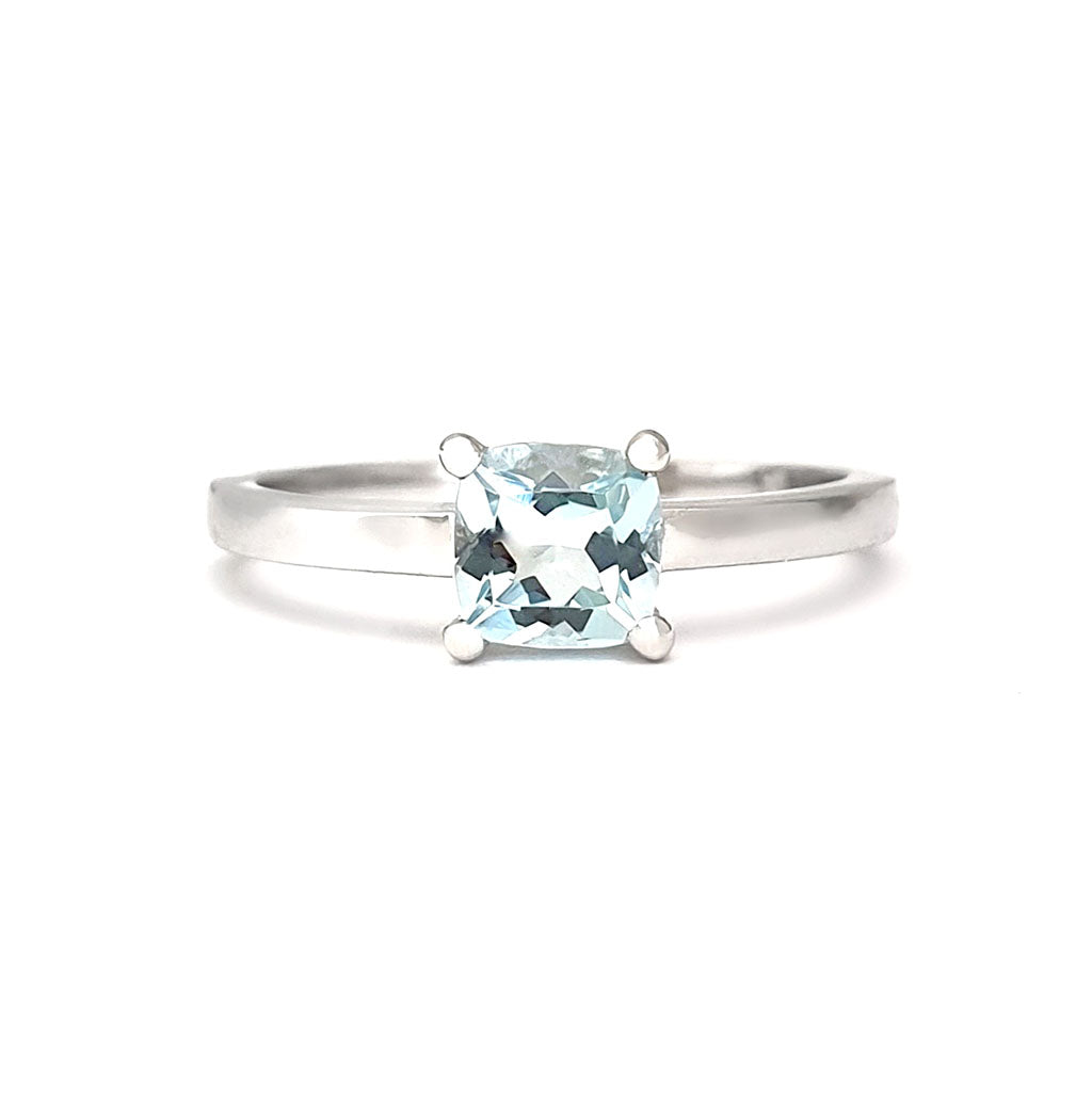 Solitaire Aquamarine Cushion Cut Four Claw Ring