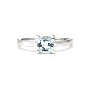 Solitaire Aquamarine Cushion Cut Four Claw Ring