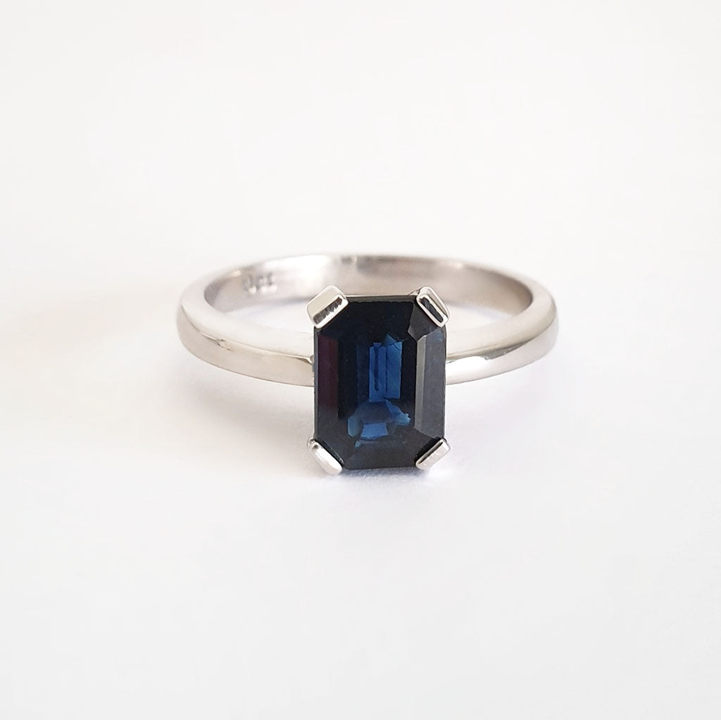 Solitaire Emerald Cut Blue Sapphire Ring