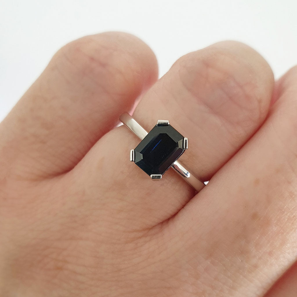 Solitaire Emerald Cut Blue Sapphire Ring