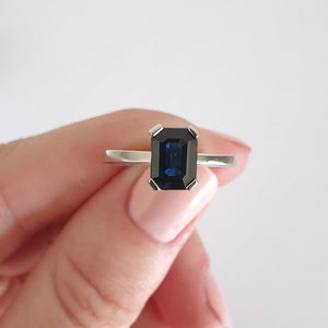 Solitaire Emerald Cut Blue Sapphire Ring