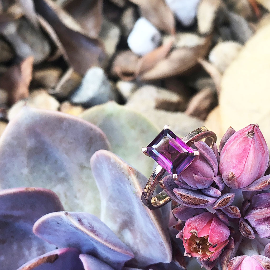 Solitaire Four Claw Emerald Cut Grape Garnet Ring