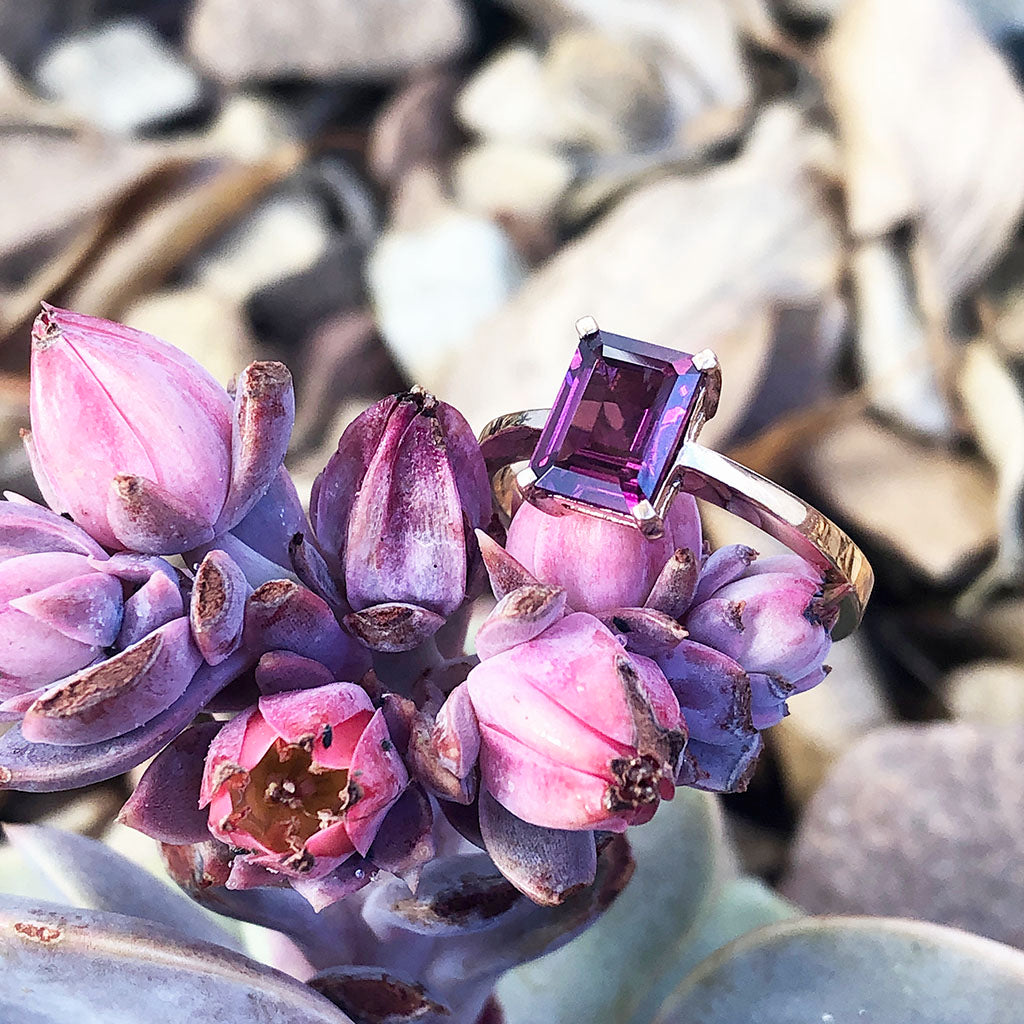 Solitaire Four Claw Emerald Cut Grape Garnet Ring