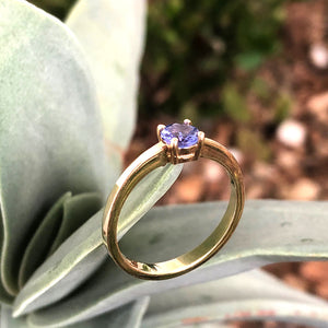 Solitaire Four Claw Round Cut Tanzanite Yellow Gold band Ring