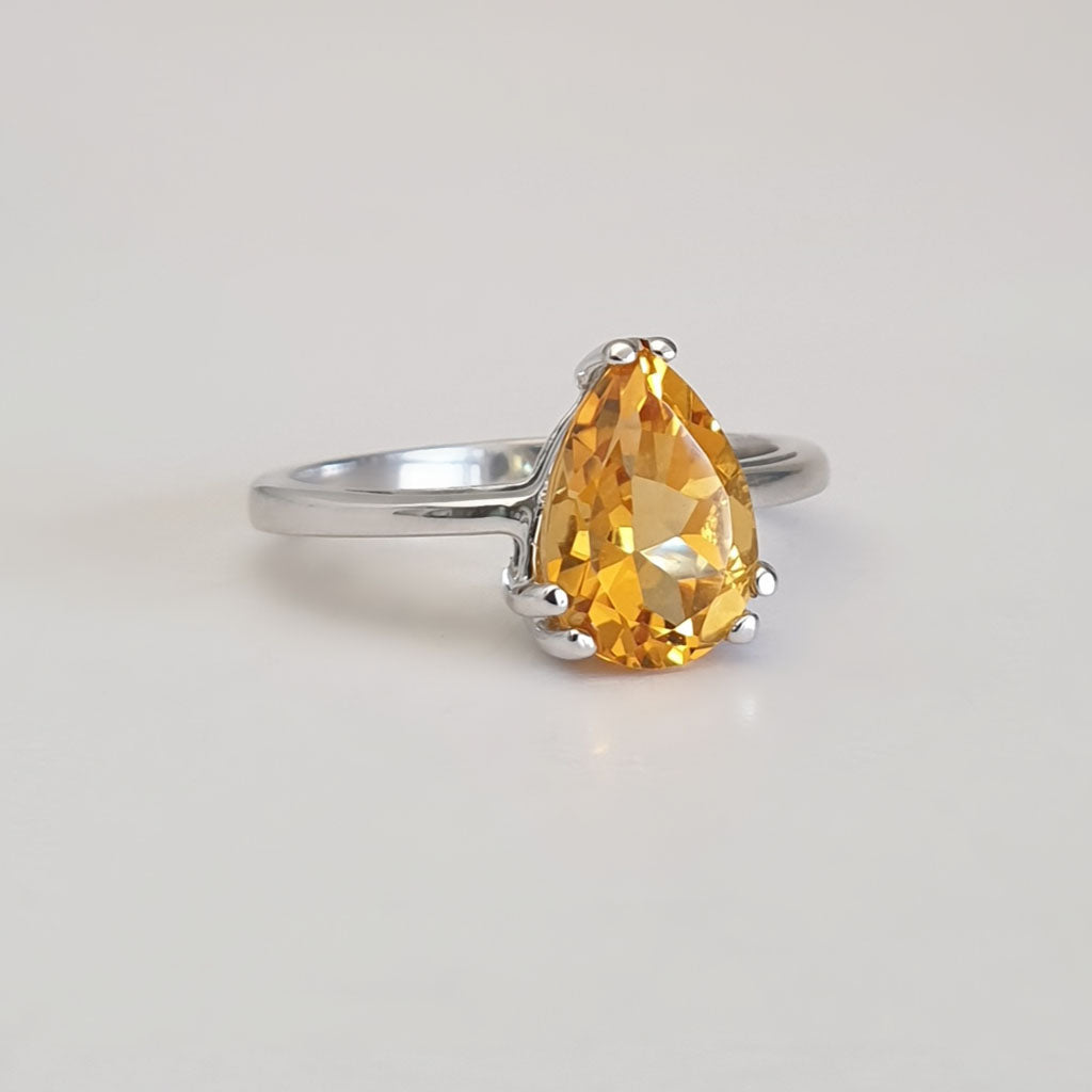 Solitaire Double Claw Pear Cut Citrine White Gold Ring