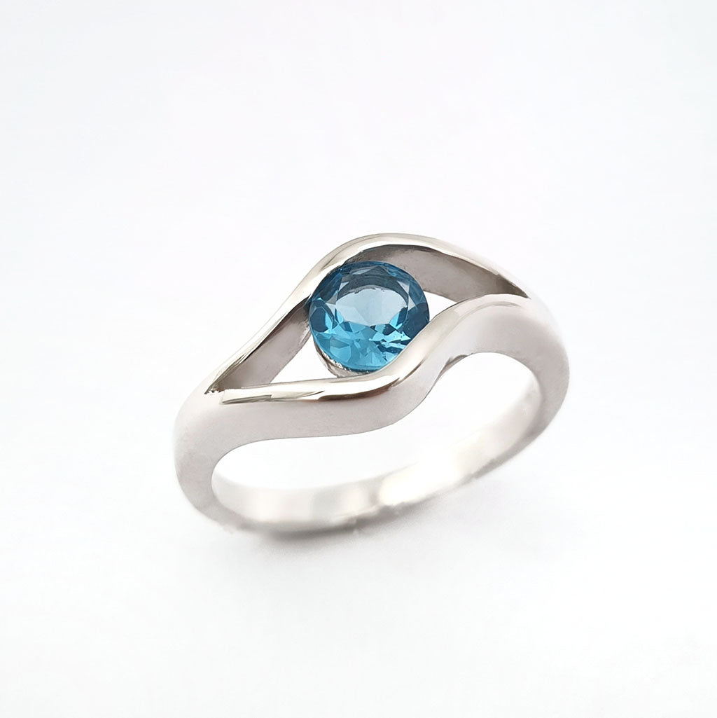 Split Band Blue Topaz White Gold Ring