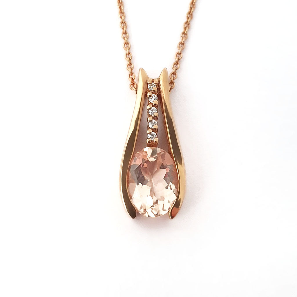  Split Rose Gold Oval Cut Morganite Pendant with Diamond Strip Highlight
