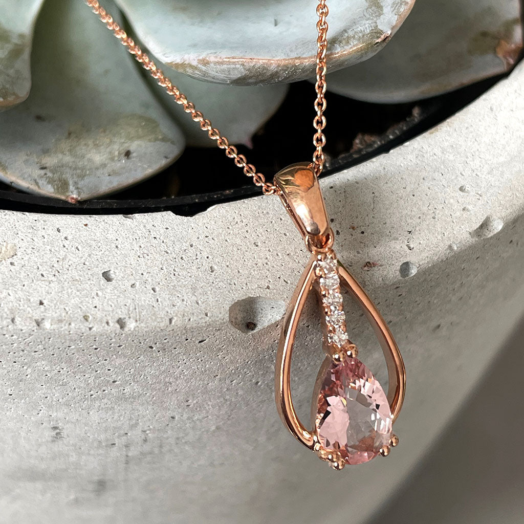 Split Rose Gold Pear Cut Morganite Pendant with Diamond Strip Highlight