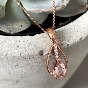 Split Rose Gold Pear Cut Morganite Pendant with Diamond Strip Highlight
