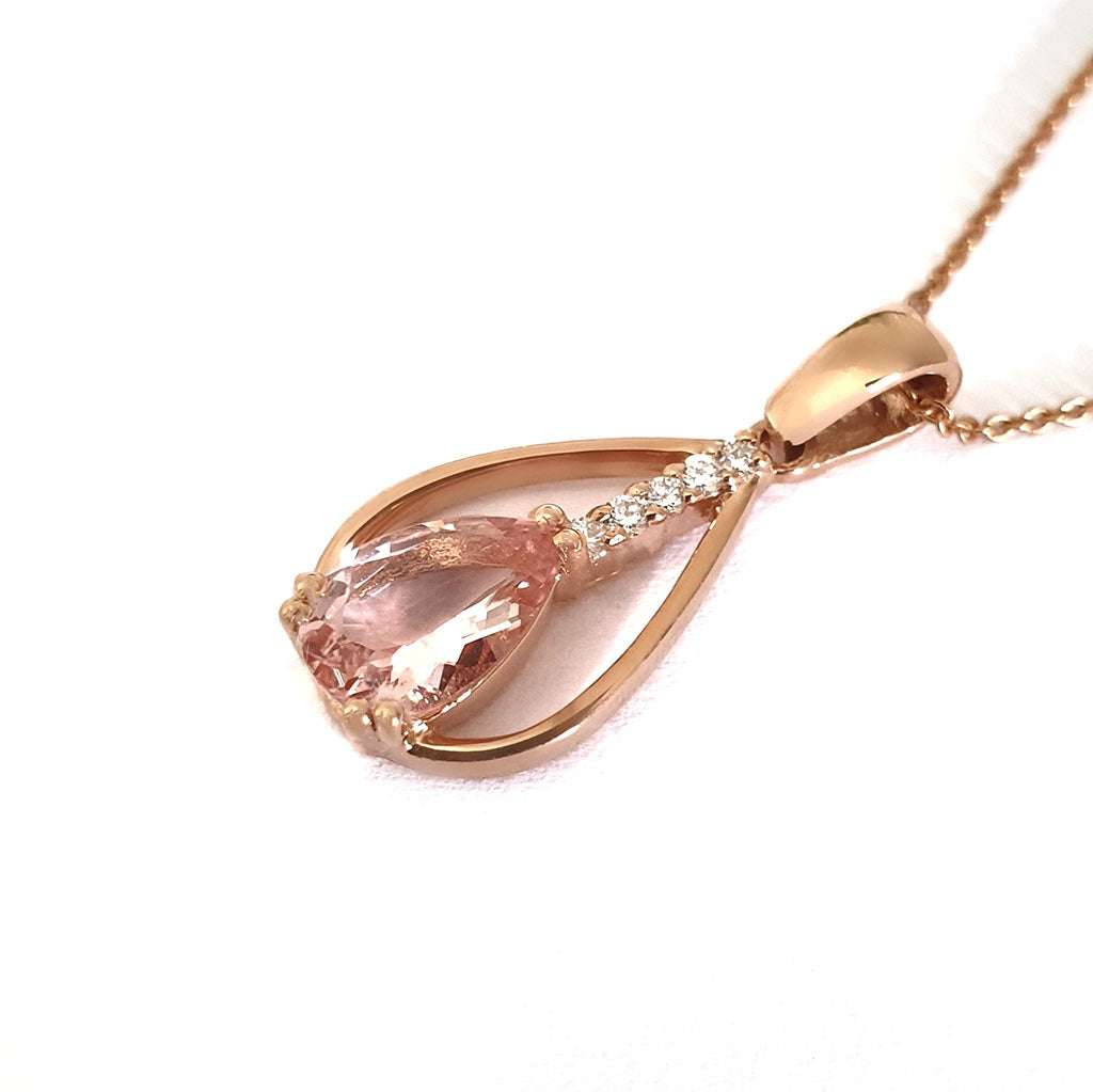 Split Rose Gold Pear Cut Morganite Pendant with Diamond Strip Highlight