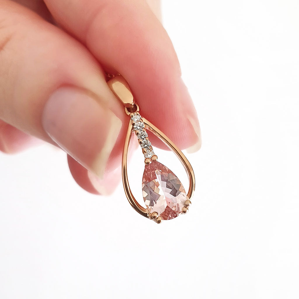 Split Rose Gold Pear Cut Morganite Pendant with Diamond Strip Highlight