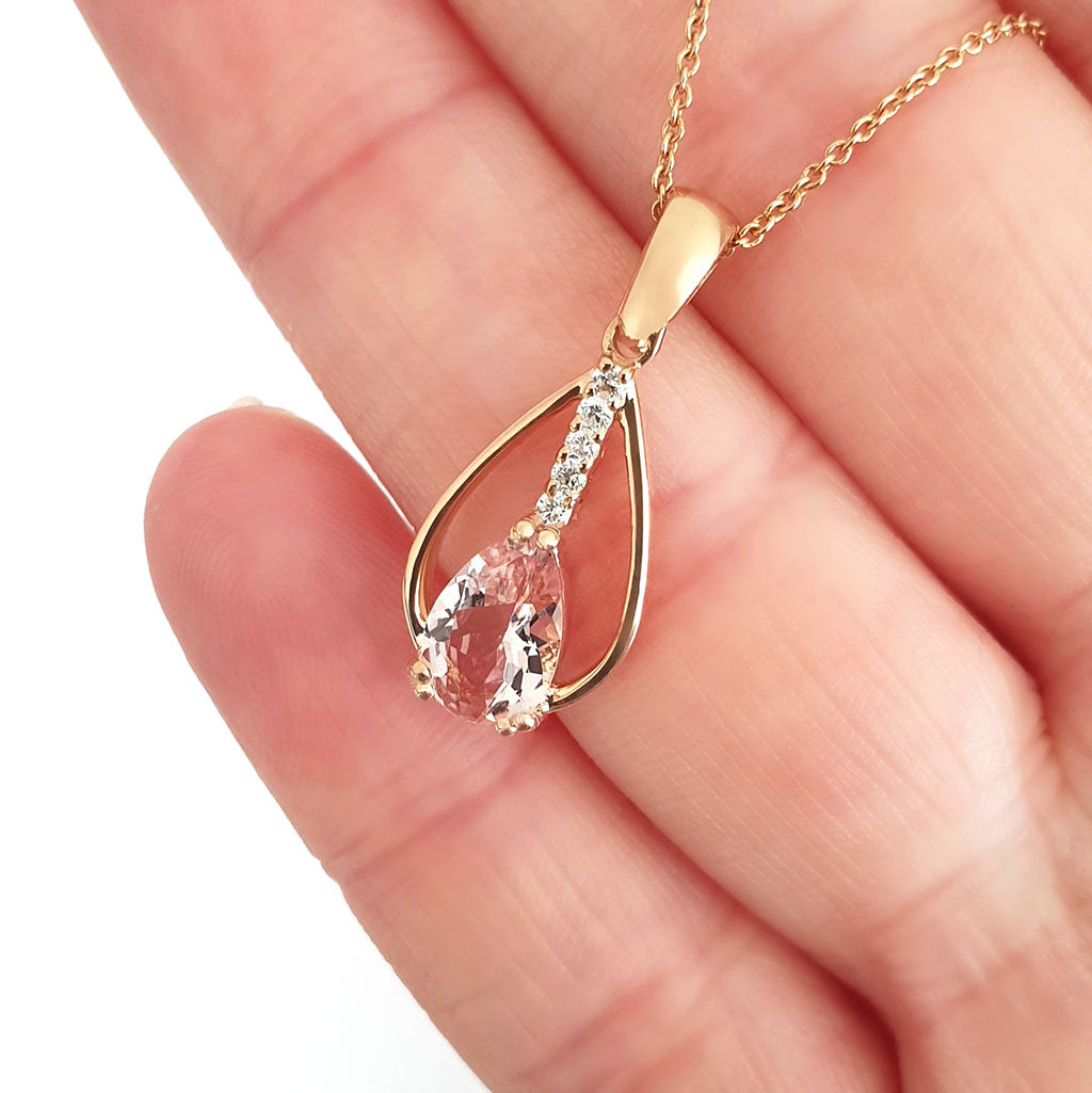 Split Rose Gold Pear Cut Morganite Pendant with Diamond Strip Highlight