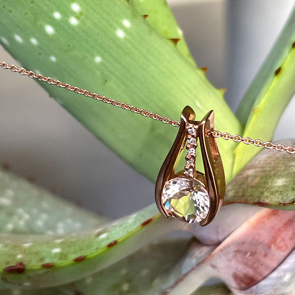 Split Rose Gold Round Cut Morganite Pendant with Diamond Strip Highlight
