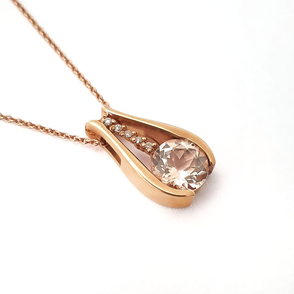  Split Rose Gold Round Cut Morganite Pendant with Diamond Strip Highlight