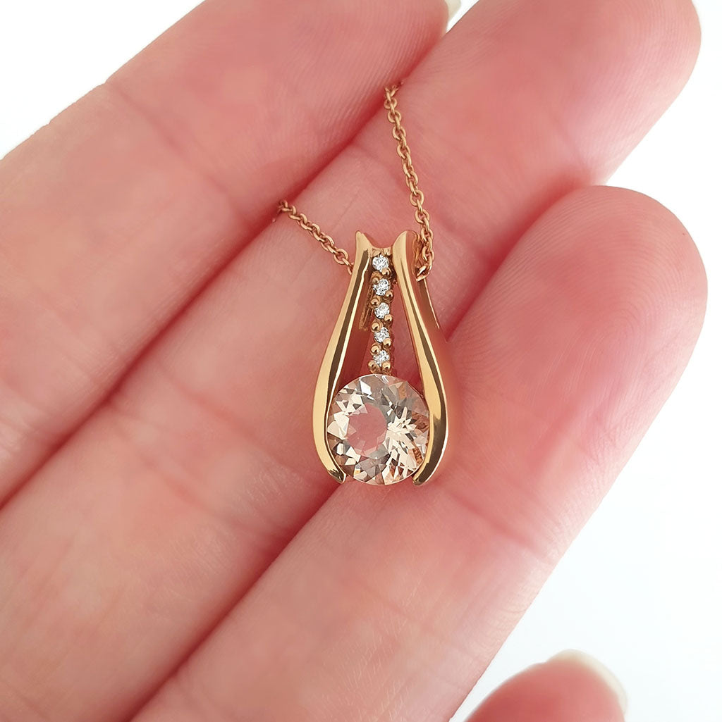  Split Rose Gold Round Cut Morganite Pendant with Diamond Strip Highlight